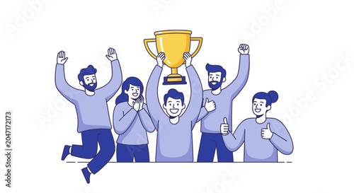 People celebrating with trophy.