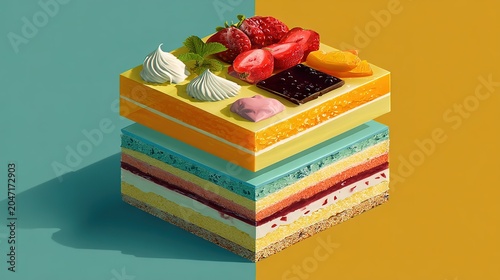 Sliced layered cake with fresh strawberries and meringue swirls