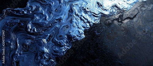 Abstract blue metallic liquid swirling over a dark surface