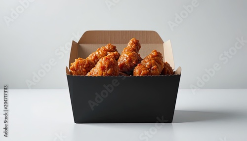 Crispy Fried Chicken Wings Glazed with Sweet Chili Sauce in Black Take Out Container on a White Tabletop