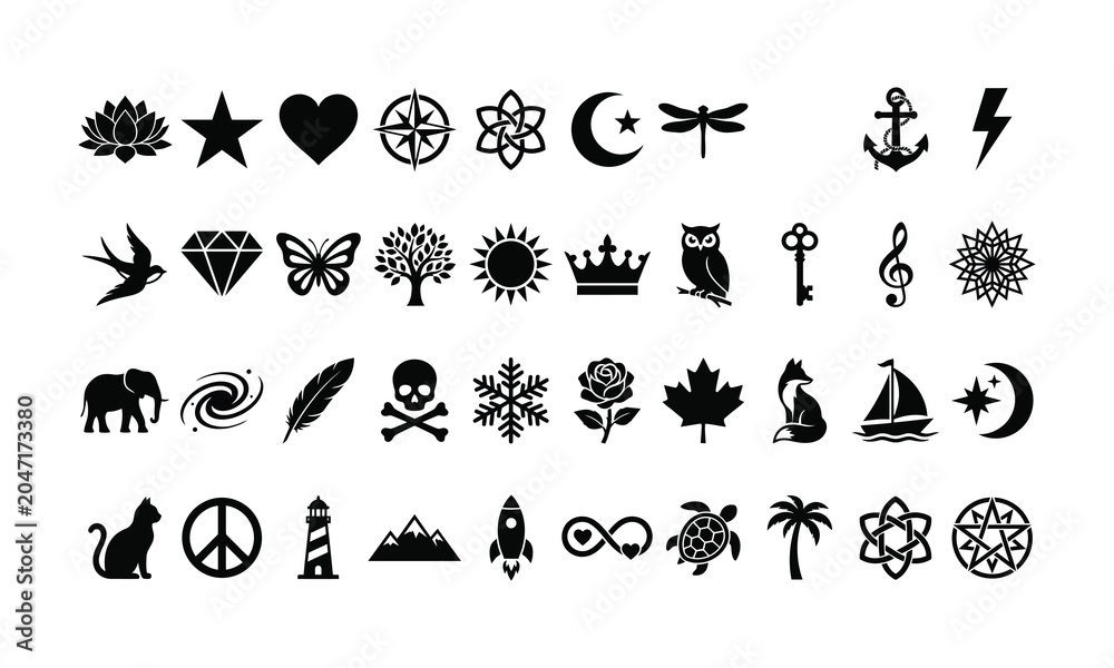 Fototapeta premium Collection of 35 black silhouette icons and symbols