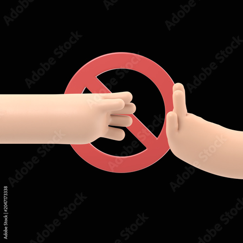 Do not contact.No handshake icon.Red prohibition sign.Precautions and prevention of coronavirus disease.3D rendering on black Screen for footage and clipping path.