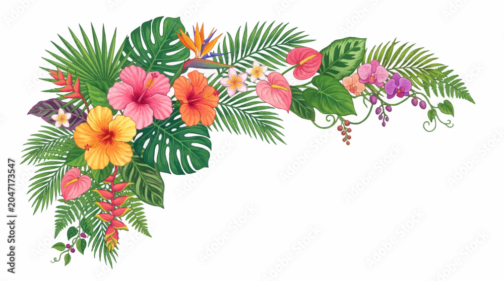 Naklejka premium A vibrant floral arrangement featuring tropical plants and flowers.