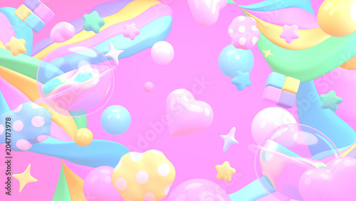 3D render of abstract colorful outer space with bubble planets, polka dot clouds, stars, balls, and cubes.