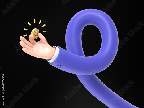 Cartoon Gesture Icon Mockup.3d Icon hand with gold coin. Money concept,shining golden coin design element,3D rendering on black Screen for footage and clipping path.long arms concept.