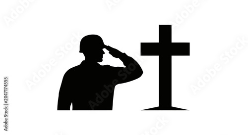 Foto Soldier saluting at a grave with a cross memorial tribute respectful silhouette