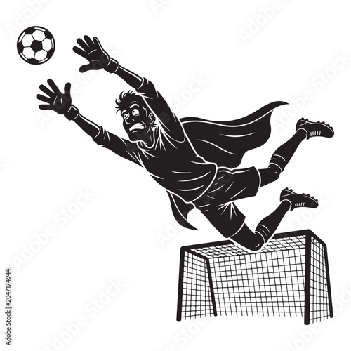 Superhero Goalkeeper Flying Through Air to Stop Soccer Ball