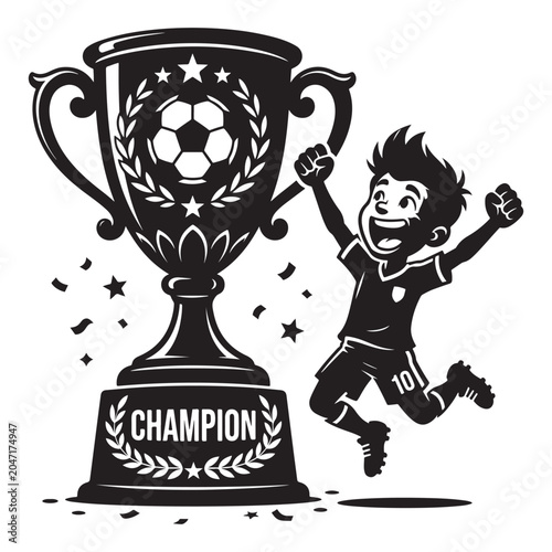 Football Trophy Champion Cartoon Mascot Celebrating Sports Victory