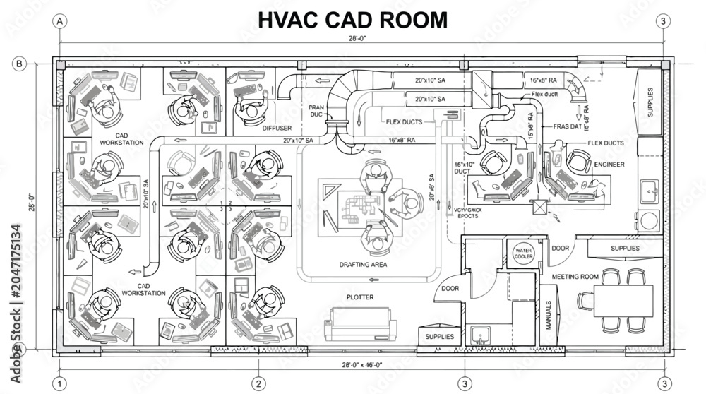 Fototapeta premium CAD HVAC CAD Room Architectural Blueprint Floor Plan Vector for Engineering Projects, Office Construction Planning & Mechanical System Design (EPS)