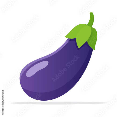 Flat design illustration of a purple eggplant with green leaves