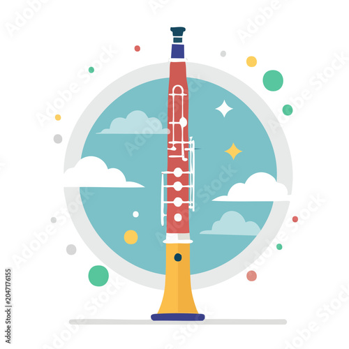 Flat design illustration of a red oboe with a yellow bell
