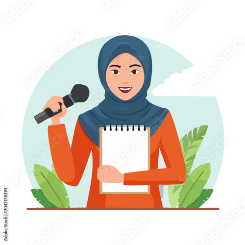 Woman in hijab holding microphone and notepad