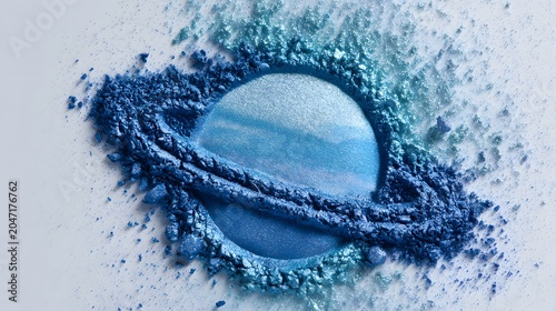 Abstract makeup palette smash artwork of a planet with cosmic rings. Elegant periwinkle face paint splash design for professional product presentation covers