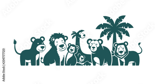 Foto Group of jungle animals standing together.
