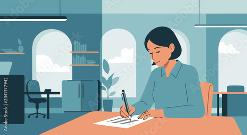 Bild auf Leinwand Business Woman Writing on Paper in Office Vector Illustration, Professional Work