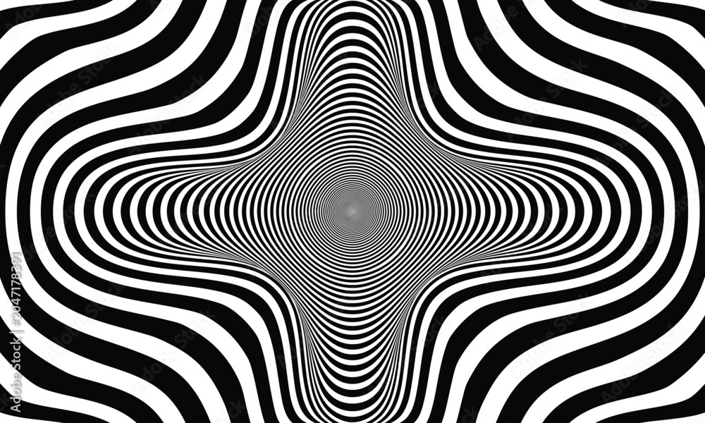 Fototapeta premium Abstract hypnotic pattern with black-white striped lines. Psychedelic background. Op art, optical illusion. Modern design, graphic texture.
