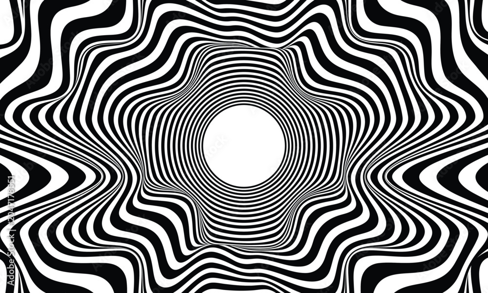 Fototapeta premium Abstract hypnotic pattern with black-white striped lines. Psychedelic background. Op art, optical illusion. Modern design, graphic texture.