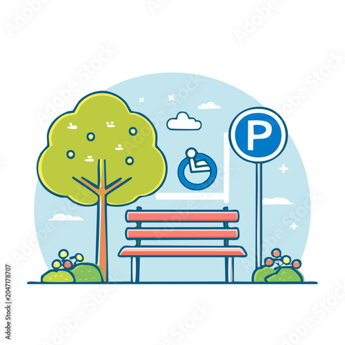 Park bench with accessible parking sign and tree