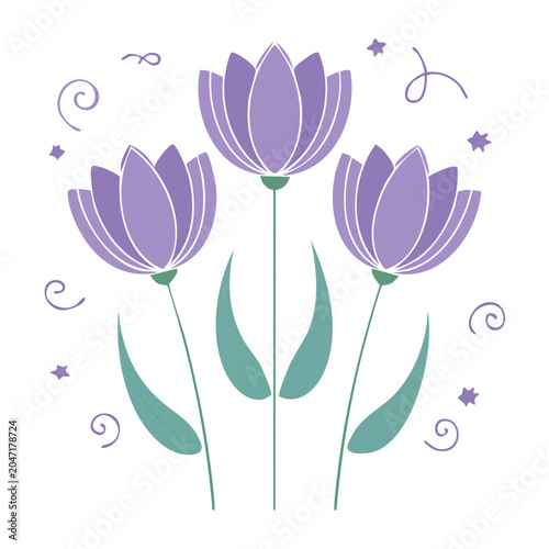 Purple tulips with decorative elements on white background
