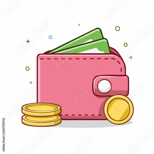 Pink wallet with cash and gold coins, flat design illustration