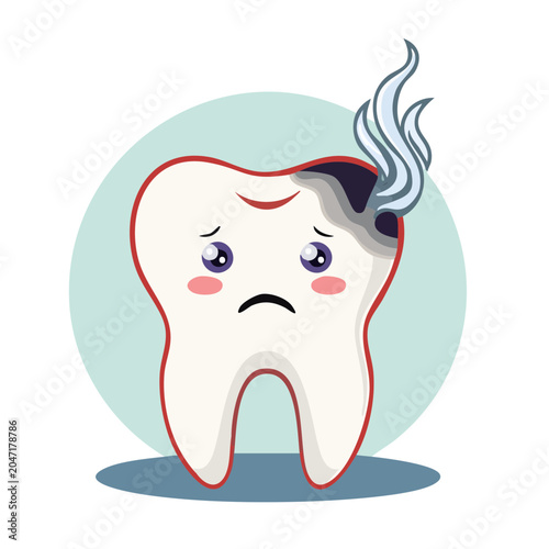 Sad cartoon tooth with cavity and smoke