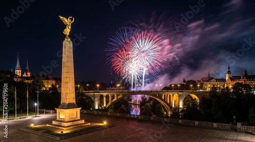 Golden Lady Gelle Fra monument and Adolphe Bridge at night with fireworks in Luxembourg City