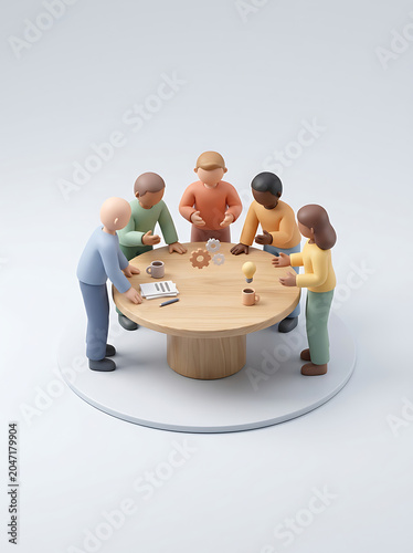 Diverse people around table isolated on a clean white background
