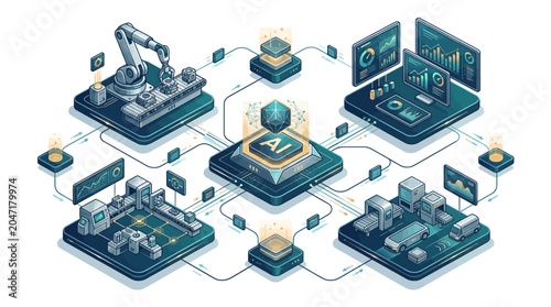 Abstract representation of artificial intelligence connecting various industries and data analysis for modern business solutions