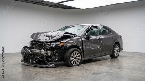 Damaged generic sedan with structural collision damage isolated automotive insurance assessment concept