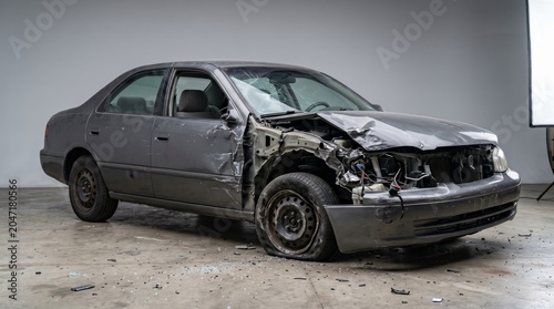 Damaged generic sedan with structural collision damage isolated automotive insurance assessment concept