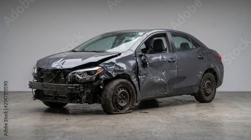 Damaged generic sedan with structural collision damage isolated automotive insurance assessment concept