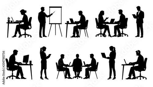 Businesspeople silhouettes demonstrate various professional office activities including meetings, presentations, and individual computer tasks on a white background.