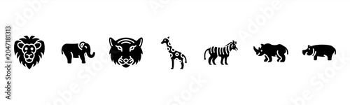 Photography Wild Animals set with Lion, Elephant, Tiger, Giraffe, Zebra, Rhino, and Hippo for safari and wildlife visuals