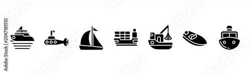 Tableau sur toile Marine Vessels set with Yacht, Submarine, Sailboat, Cargo Ship, Fishing Boat, Speedboat, and Ferry for nautical and maritime visuals