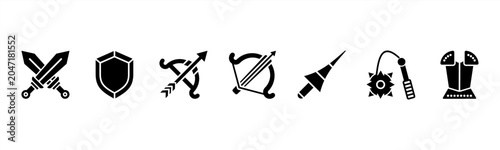 Schilderij op canvas Medieval Weapons set featuring Sword, Shield, Bow, Crossbow, Lance, Mace, Armor for related visuals