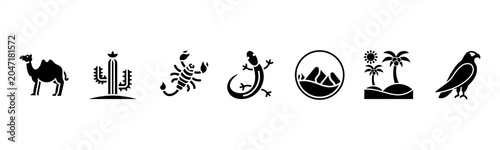 Fotografi Desert Life set featuring Camel, Cactus, Scorpion, Lizard, Sand Dune, Oasis, Falcon for arid environment visuals