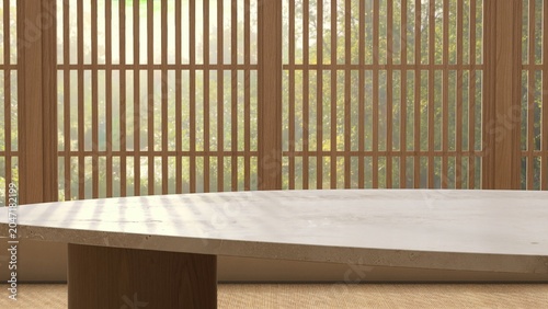 Minimal Japanese style wooden pedestal table with stone top in sunlight from shoji window for modern, elegant, luxury fashion, beauty, cosmetic, skincare, body care, product display background 3D