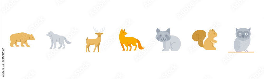 Fototapeta premium Forest Animals set with Bear, Wolf, Deer, Fox, Raccoon, Squirrel, and Owl for wildlife and nature visuals.