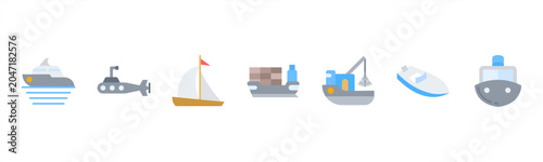 Bild auf Leinwand Marine Vessels set with Yacht, Submarine, Sailboat, Cargo Ship, Fishing Boat, Speedboat, and Ferry for nautical and maritime visuals