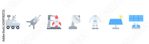 Photos Space Technology set featuring Rover, Space Probe, Launch Pad, Satellite Dish, Space Suit, Solar Panel, Control Center for space engineering visuals