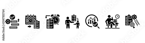 Fotografie Time Management icon set includes Prioritization, Scheduling, Deadlines, Task Delegation, Progress Tracking, Breaks, and Goal Setting for optimal productivity