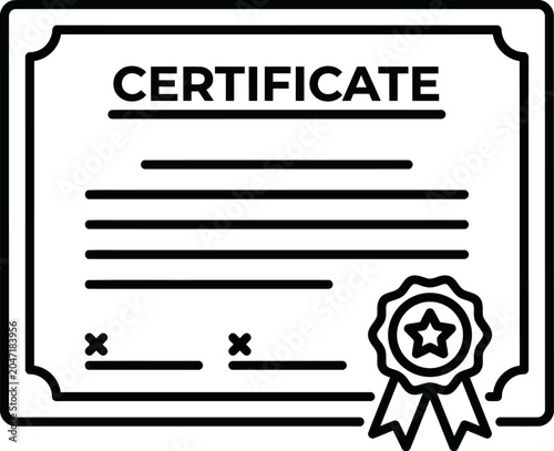 Bild auf Leinwand Certificate outline icon, line art diploma vector illustration with star seal ribbon badge, official signature lines, educational achievement award, graduation recognition document graphic design
