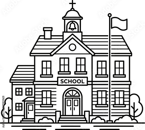 Line art illustration of a traditional school building with a bell tower, flagpole, and trees, simple black and white vector design for education concept