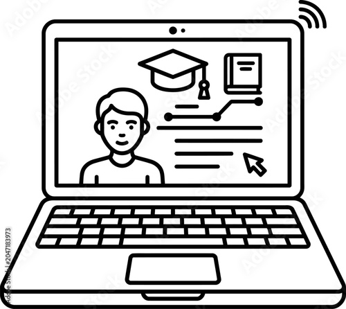 Black and white line art vector illustration of a laptop showing online education concept with a student, graduation cap, book, and wifi signal icon.