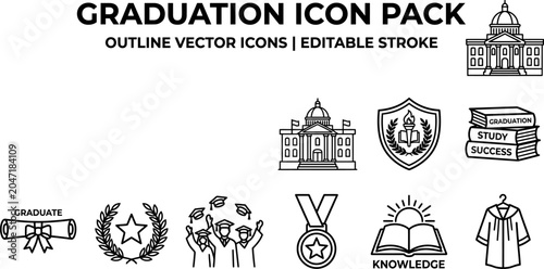 Graduation, icon, pack, outline, vector, editable, stroke, university, education, college, diploma, certificate, cap, gown, student, success, knowledge, achievement, academic, study, degree, ceremon