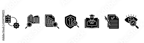 Slika na platnu Compliance Management icon set includes Policy Implementation, Auditing, Reporting, Risk Assessment, Training, Documentation, and Monitoring to ensure compliance