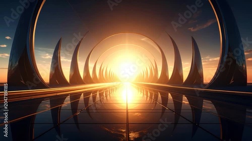 Futuristic pathway to light, flanked by repeating structures, bathed in golden light
