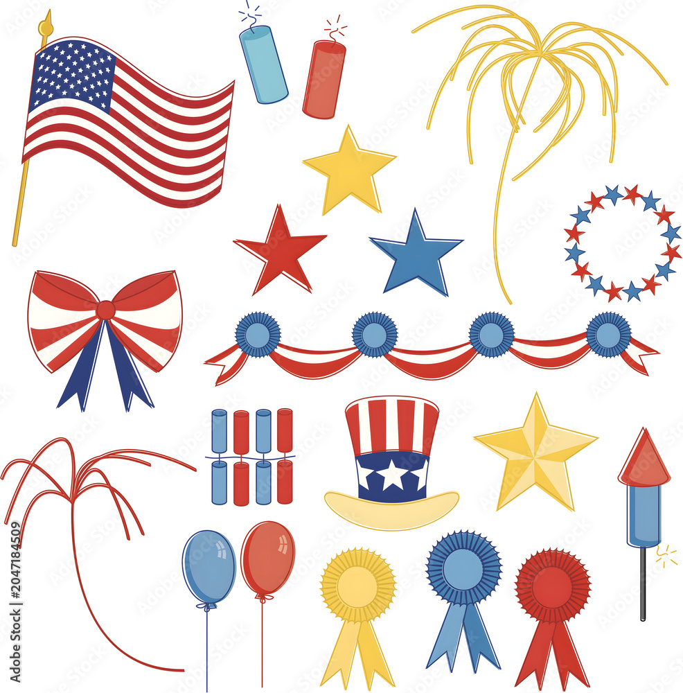 Obraz premium Colorful Independence Day Celebration Illustration with Fireworks and Patriotic Decorations