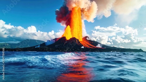 A vibrant volcanic eruption with molten lava, ash clouds, and ocean waves