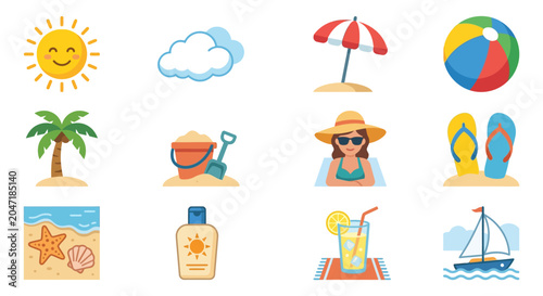 Colorful beach icons depicting summer activities and fun (2)